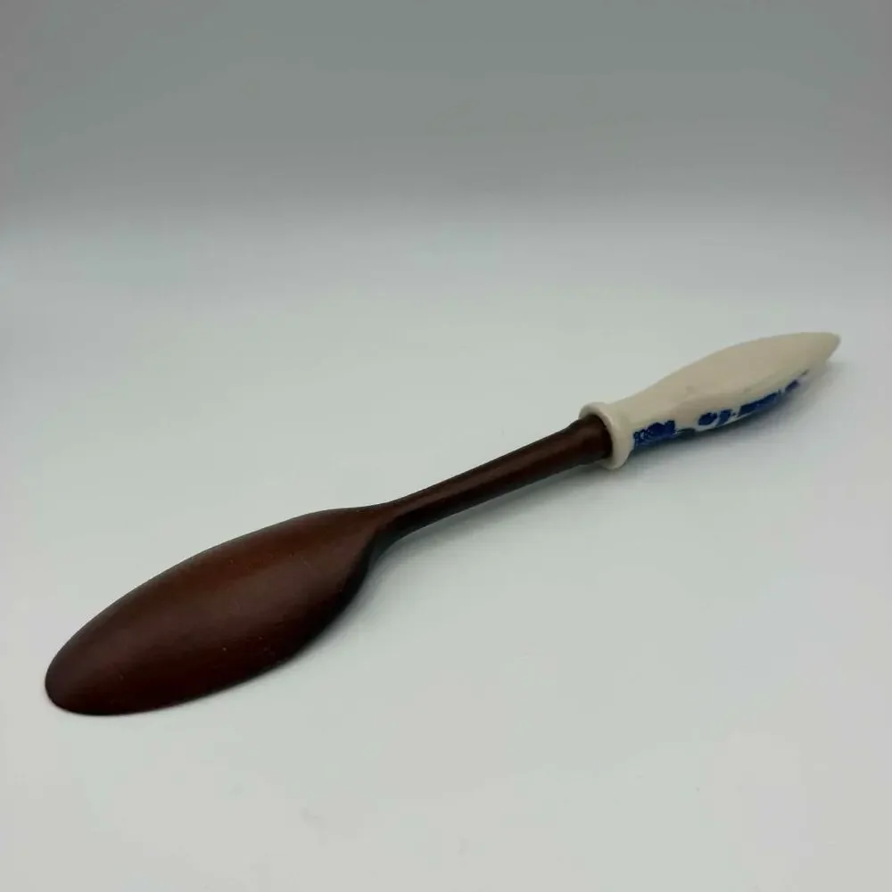 Vintage Wooden Serving Spoon Blue White Handle Dark Wood Salad Serving Spoon